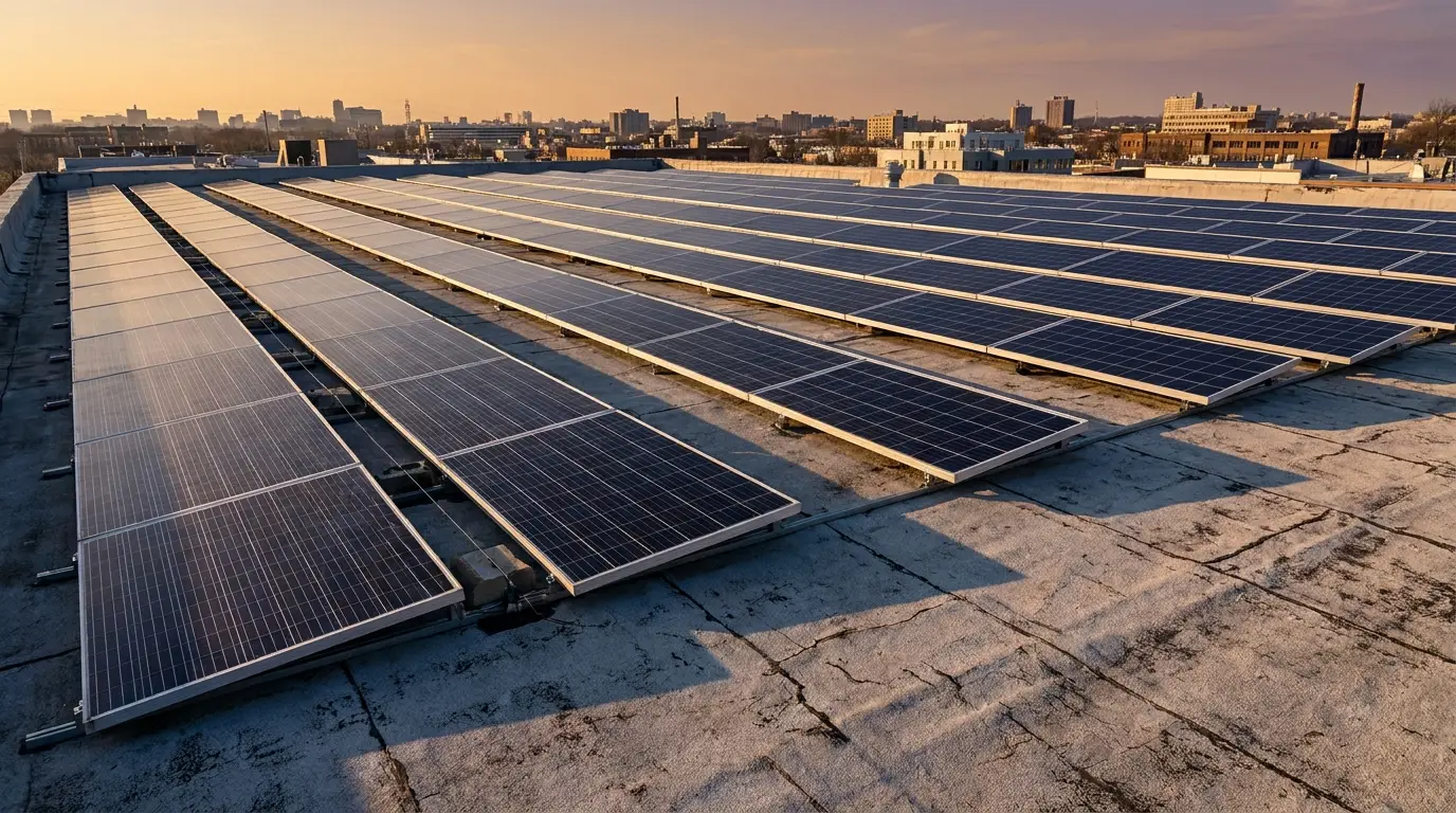 Rooftop solar panels under warm evening light with city skyline in the background