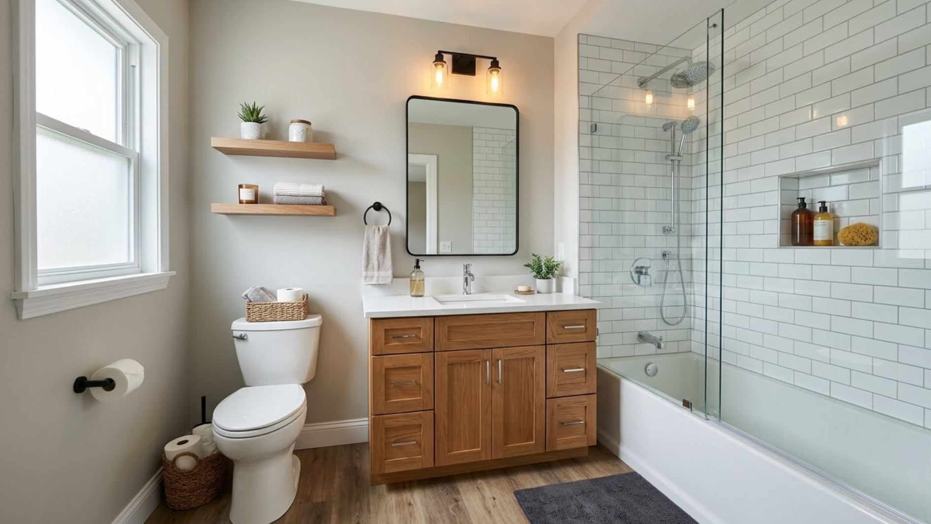 compact bathroom with wood vanity toilet tub shower white subway tiles window and floating shelves wall mirror