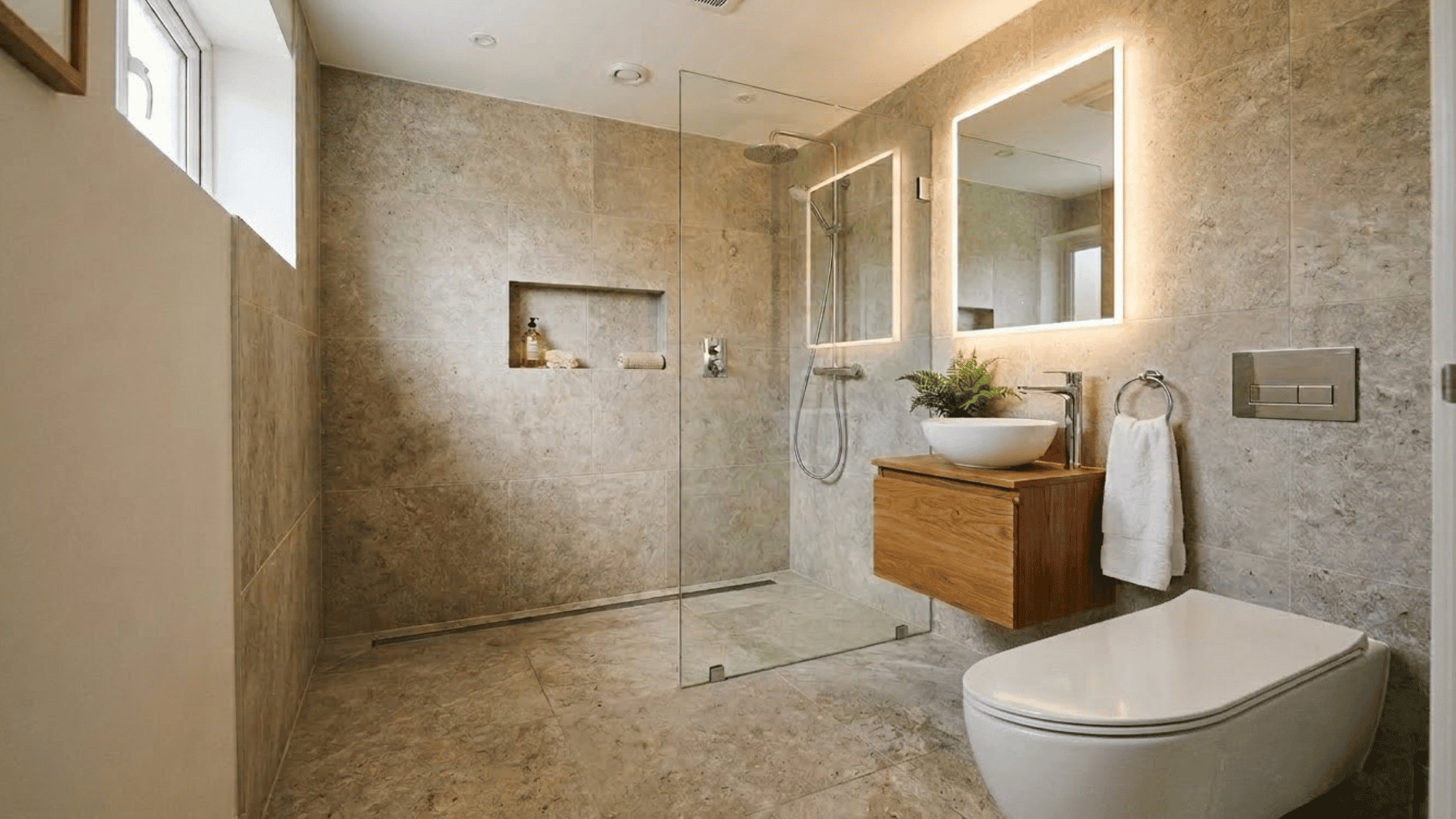 compact wet room bathroom with stone tiles glass shower floating wood vanity lit mirror and a wall hung toilet