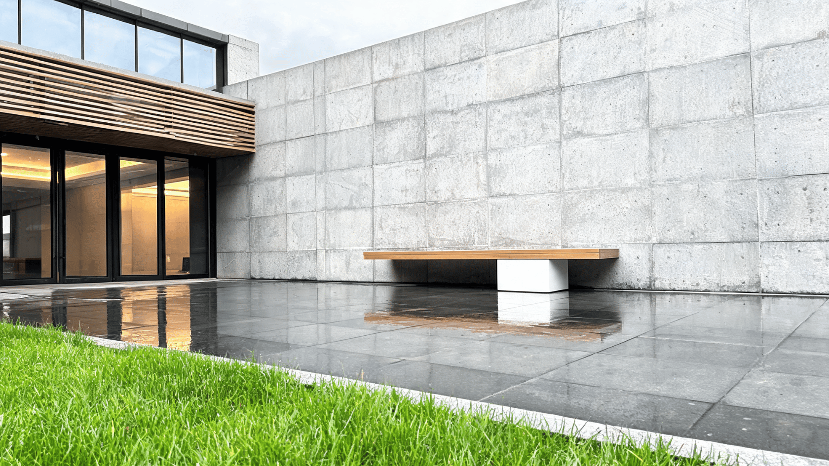 Concrete look wall panels on a modern exterior wall with a bench and patio area