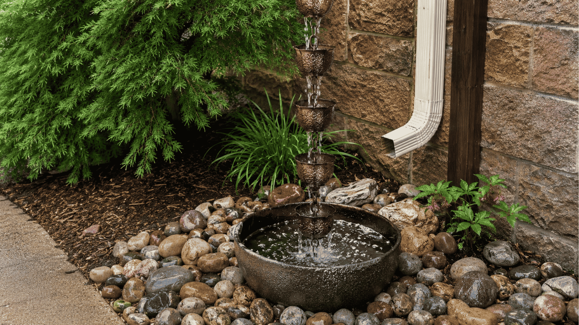 copper cup rain chain fountain dripping water into stone bowl surrounded by pebbles