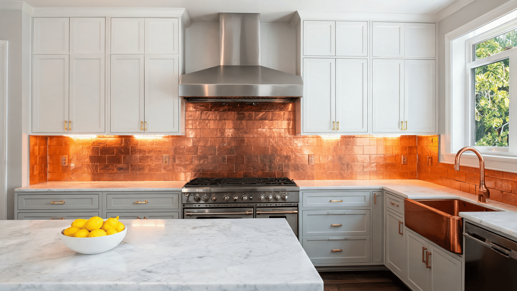 Copper wall panels used as a kitchen backsplash with white cabinets and stainless steel range hood