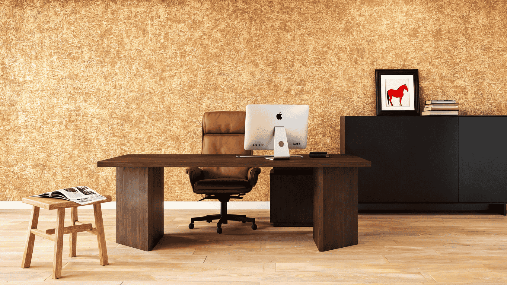 Office with textured cork wall panels, wooden desk, computer monitor, chair, cabinet, and stool.