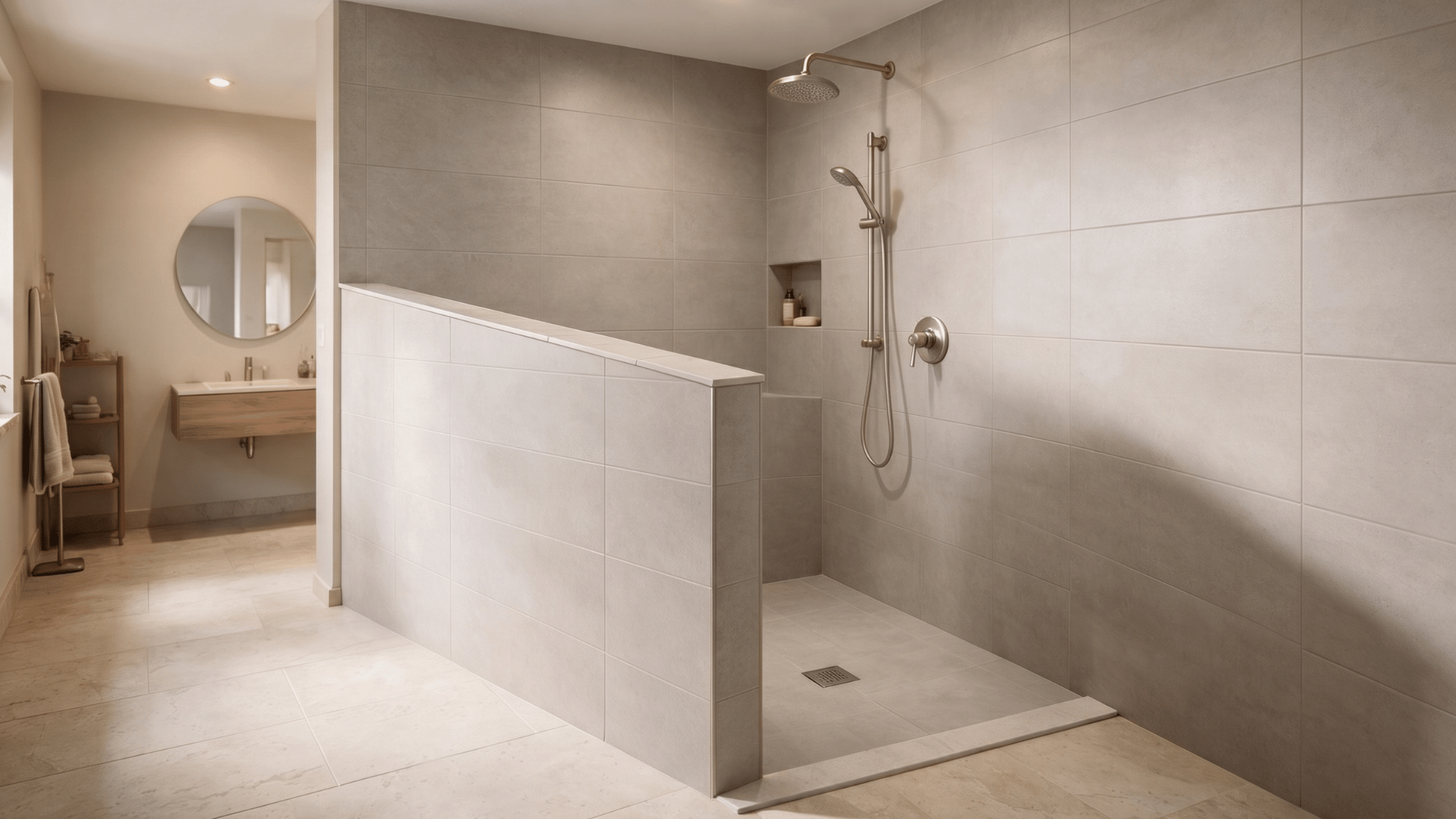 corner pony wall shower with diagonal half wall creating a triangular shower entry and large format tile in a modern bathroom (4)