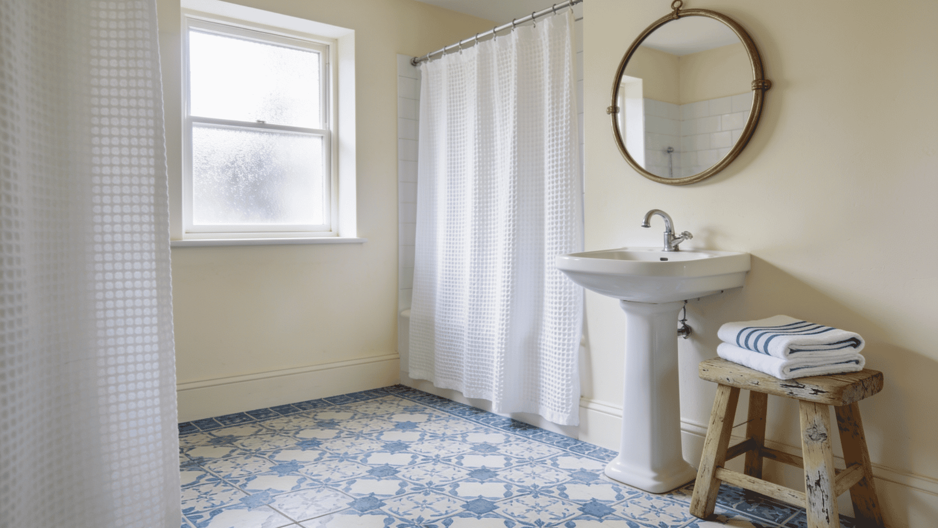 Cottage bathroom with blue patterned tile floor, pedestal sink, round mirror, and waffle-weave shower curtain.