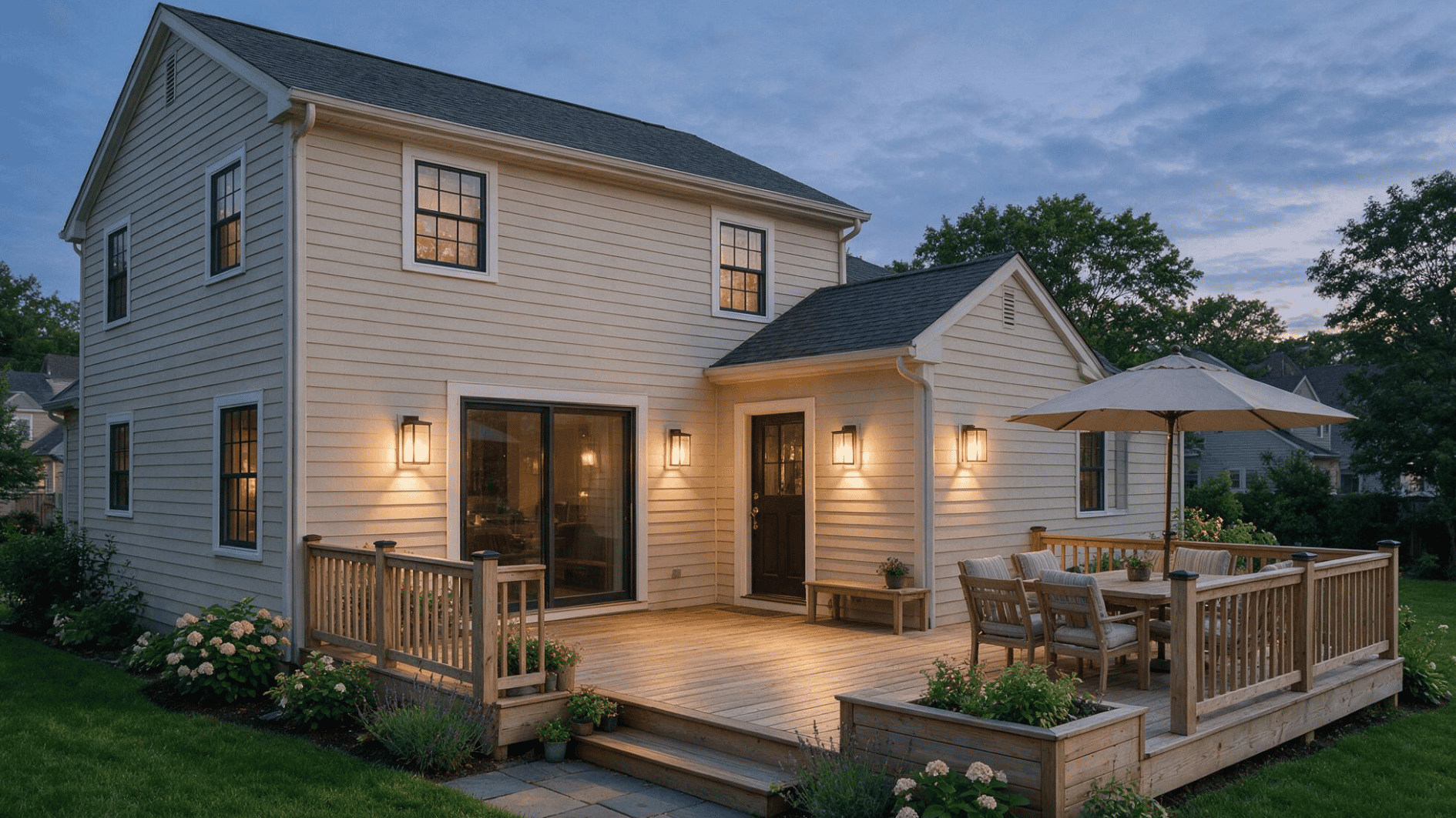 covered american deck with pendant lights above outdoor dining table