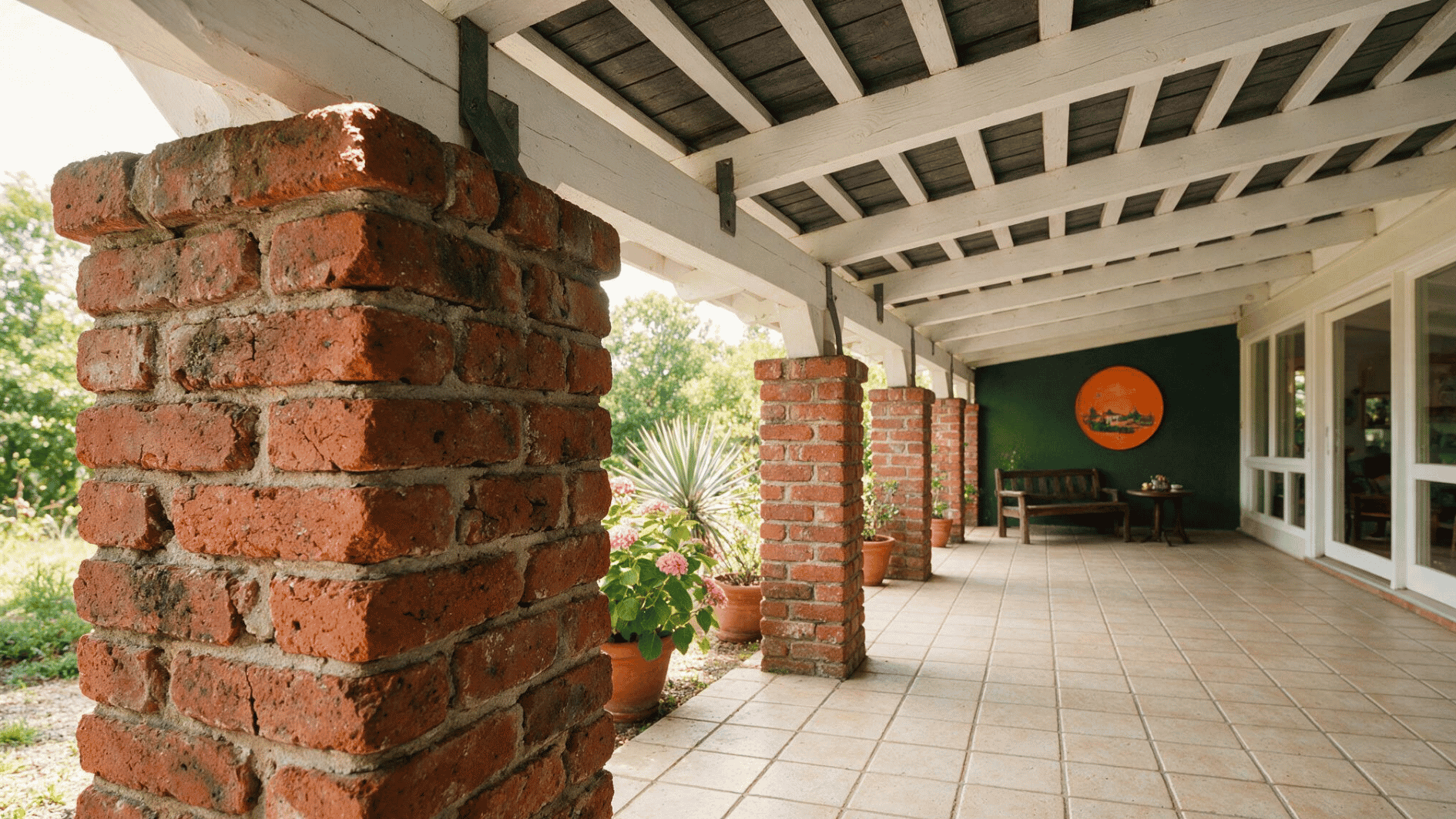 covered porch with brick columns white beams tiled floor and seating area beside a garden space