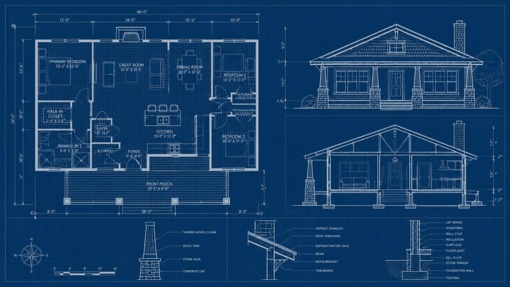 Craftsman bungalow blueprint showing floor plan, exterior elevations, porch details, and architectural construction drawings.