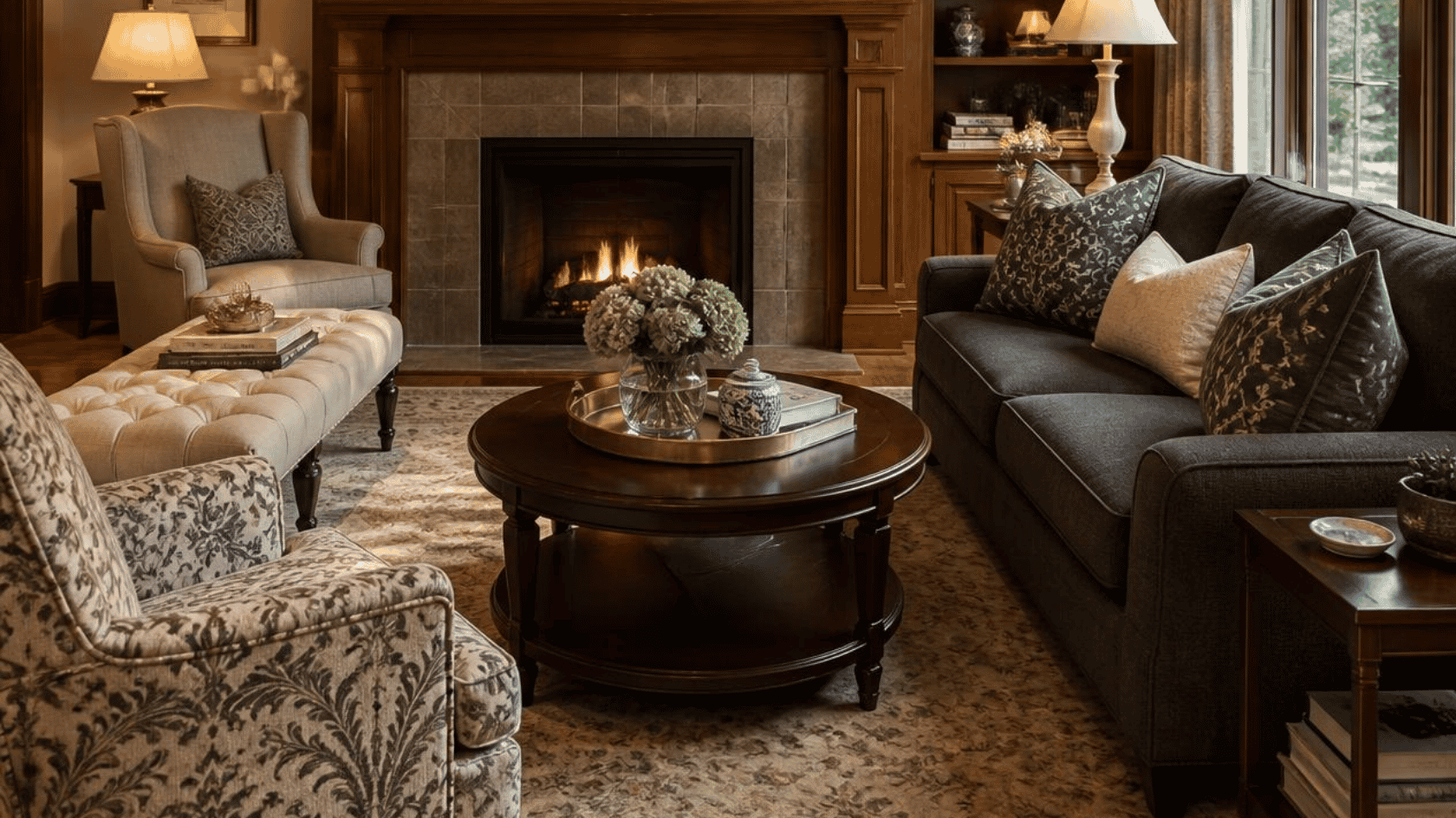 Craftsman style living room with wooden built-ins, fireplace, seating area, and warm interior details.