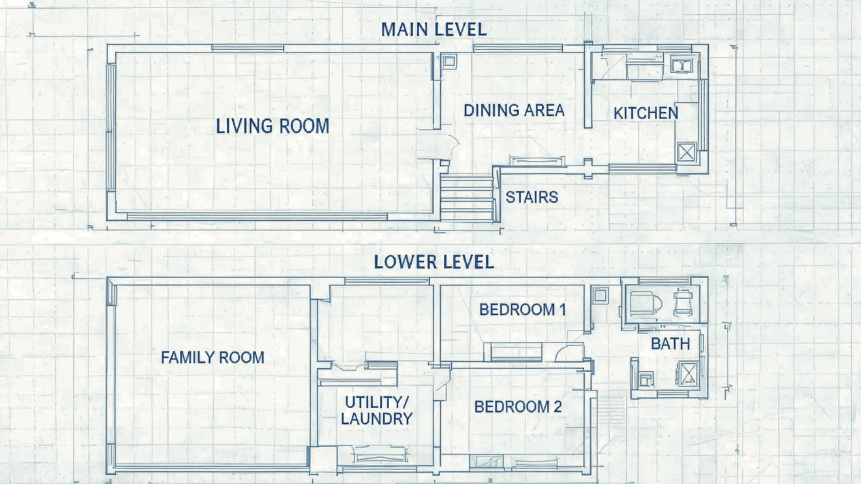 Split-level Craftsman home floor plan showing rooms, stairs, and multiple living levels.