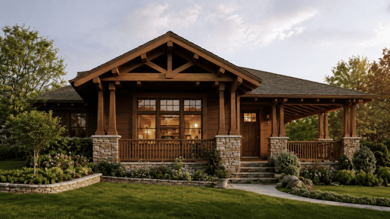 Craftsman style home with porch, wood details, and stone accents.