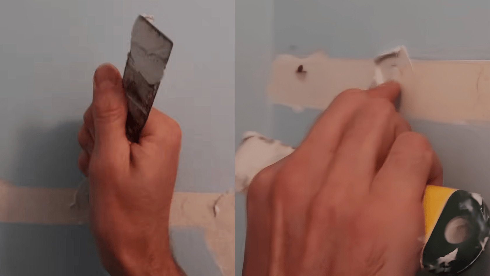 Hand applying a second layer of drywall compound over a patched wall hole with a putty knife