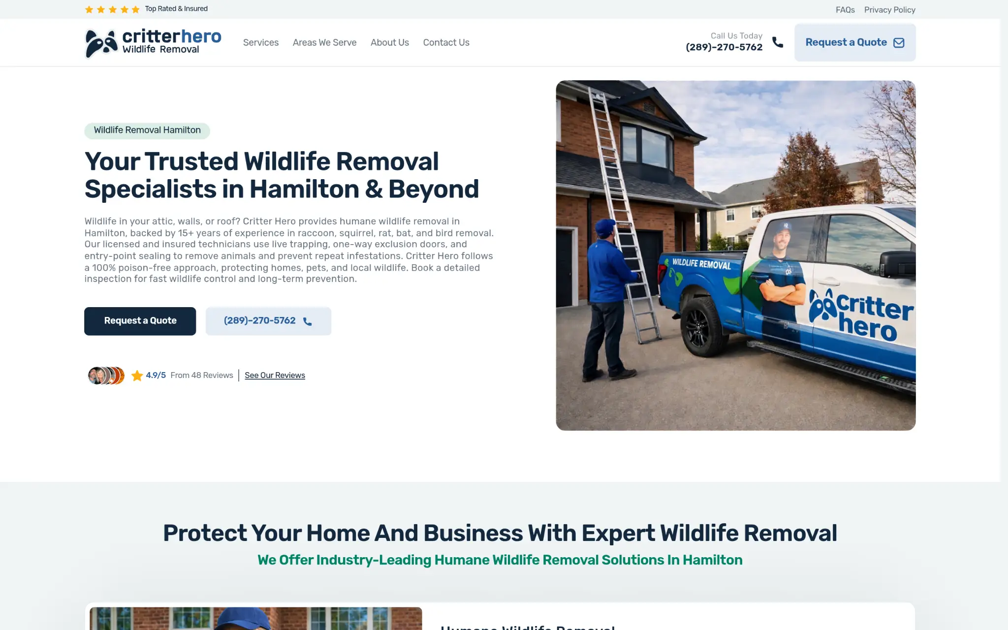 Person standing next to ladder and wildlife removal truck outside a brick house