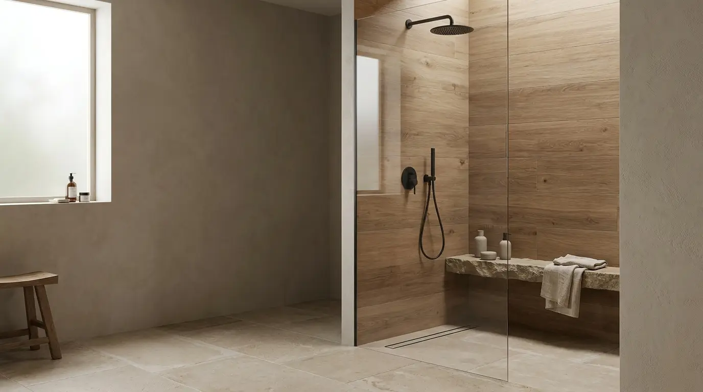 Minimalist bathroom with wood panel shower, stone bench, and frosted window in neutral tones