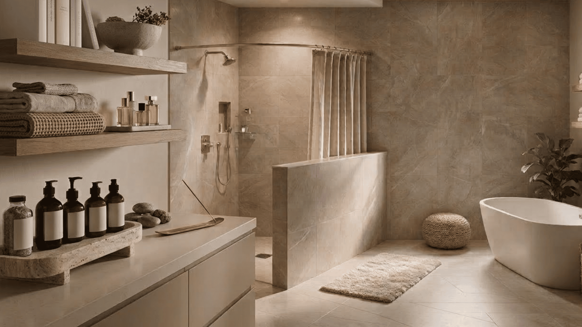 curbless walk in pony wall shower with seamless tile floor, open entry, and modern accessible bathroom design (1)