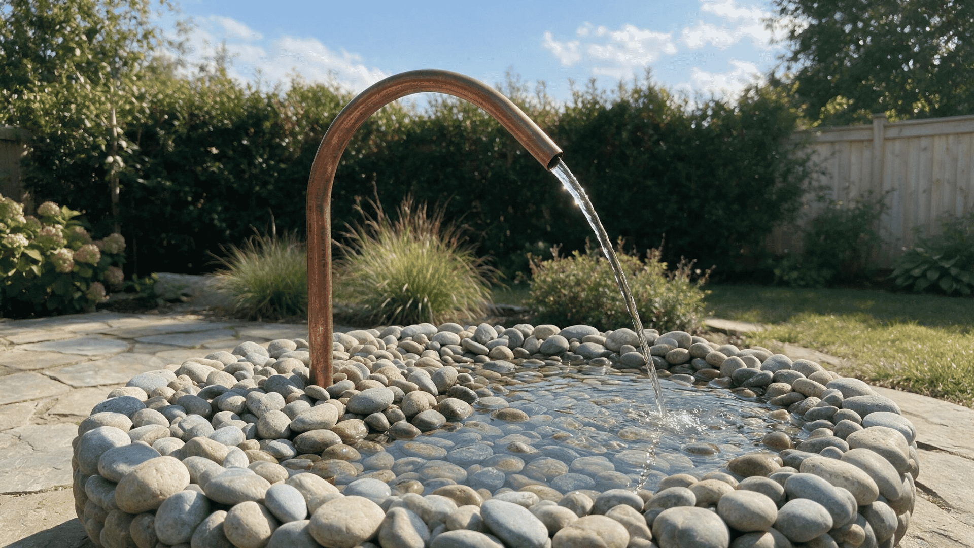 curved copper pipe pouring water into stone covered basin in garden