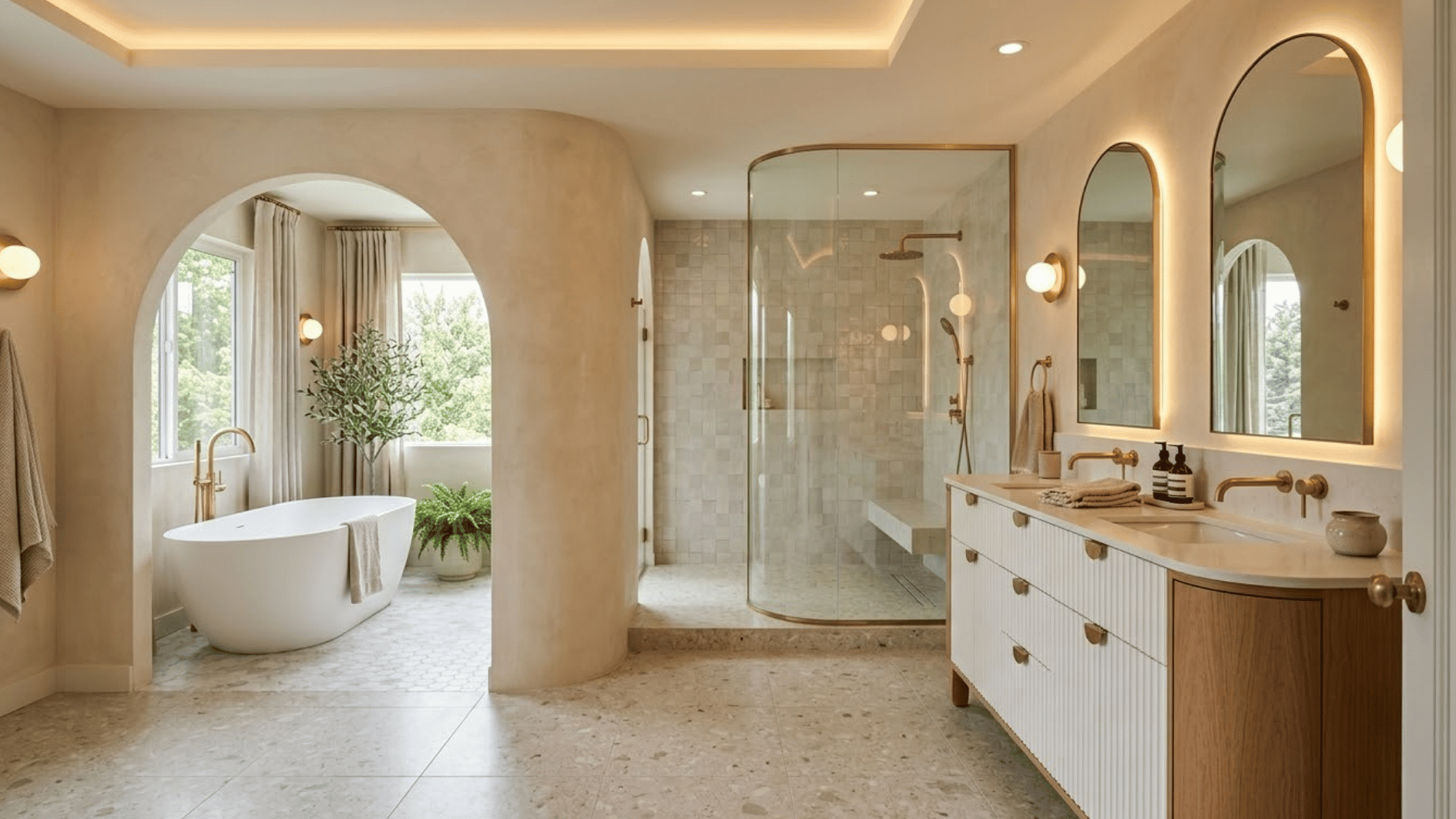 curved partition master bathroom with an arched tub alcove glass shower double vanity and warm beige stonework
