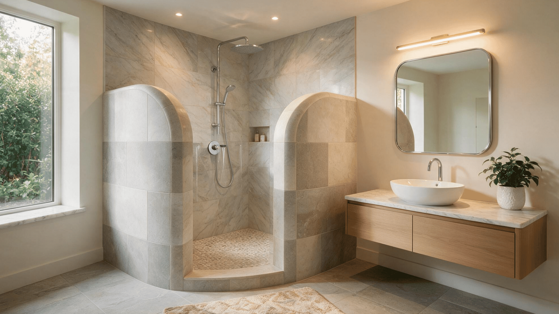 curved pony wall shower with smooth rounded half wall creating a soft welcoming shower entrance in a modern neutral bathroom  A (1)