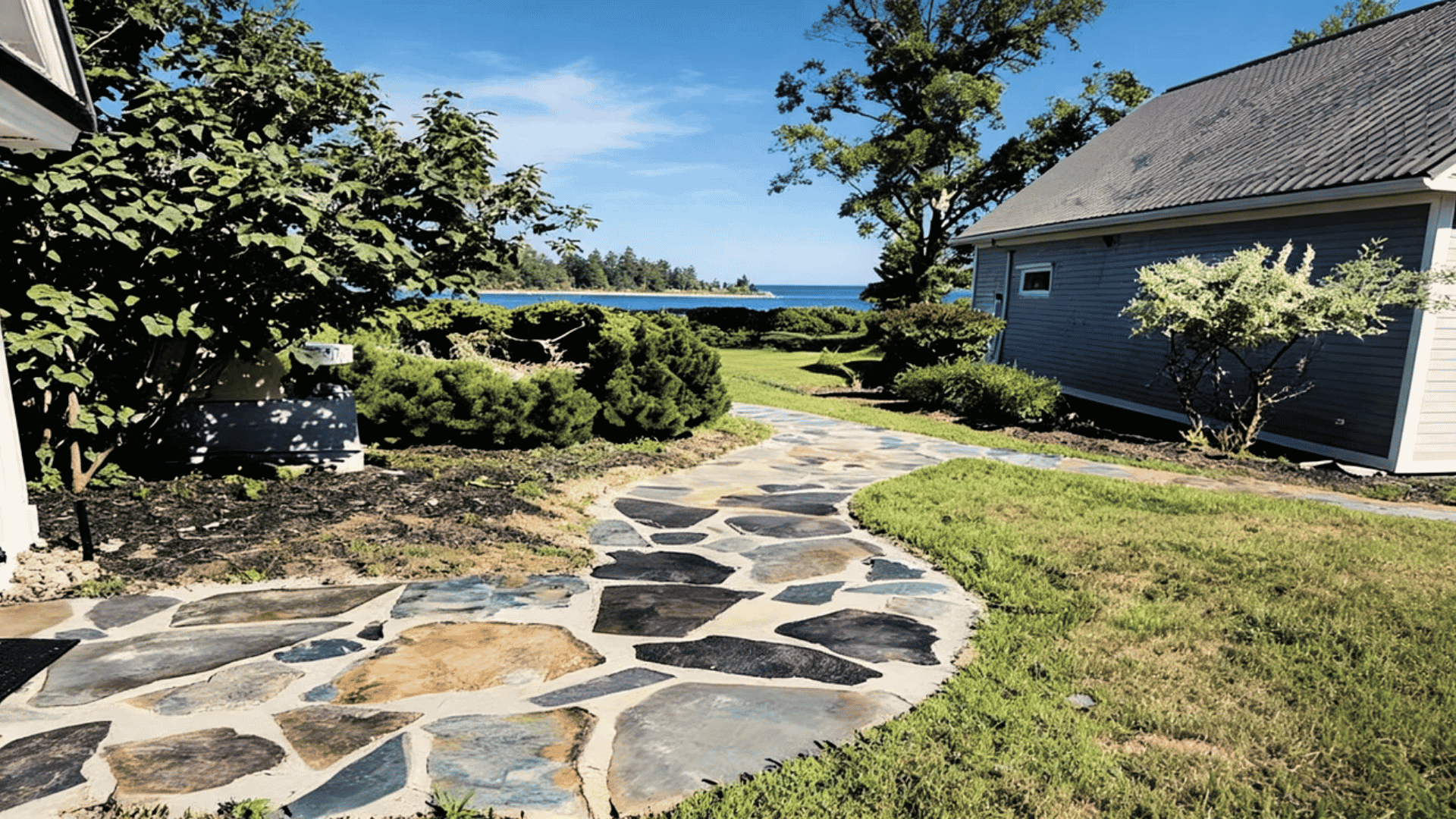 Curved stone pathway winding through a garden with plants and shrubs along the edges.