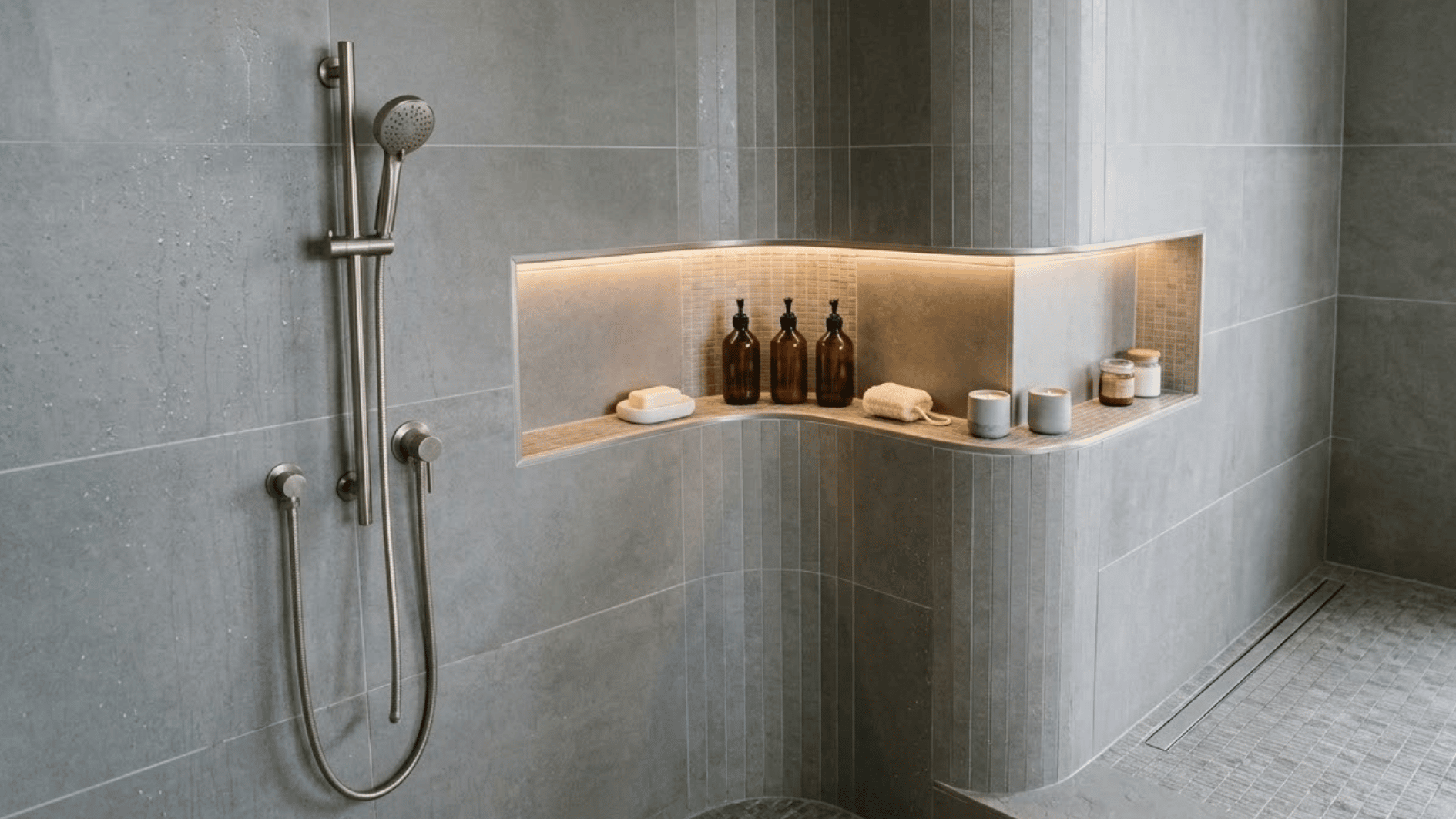 curved wraparound shower niche with toiletries and candles inside a modern open shower wall