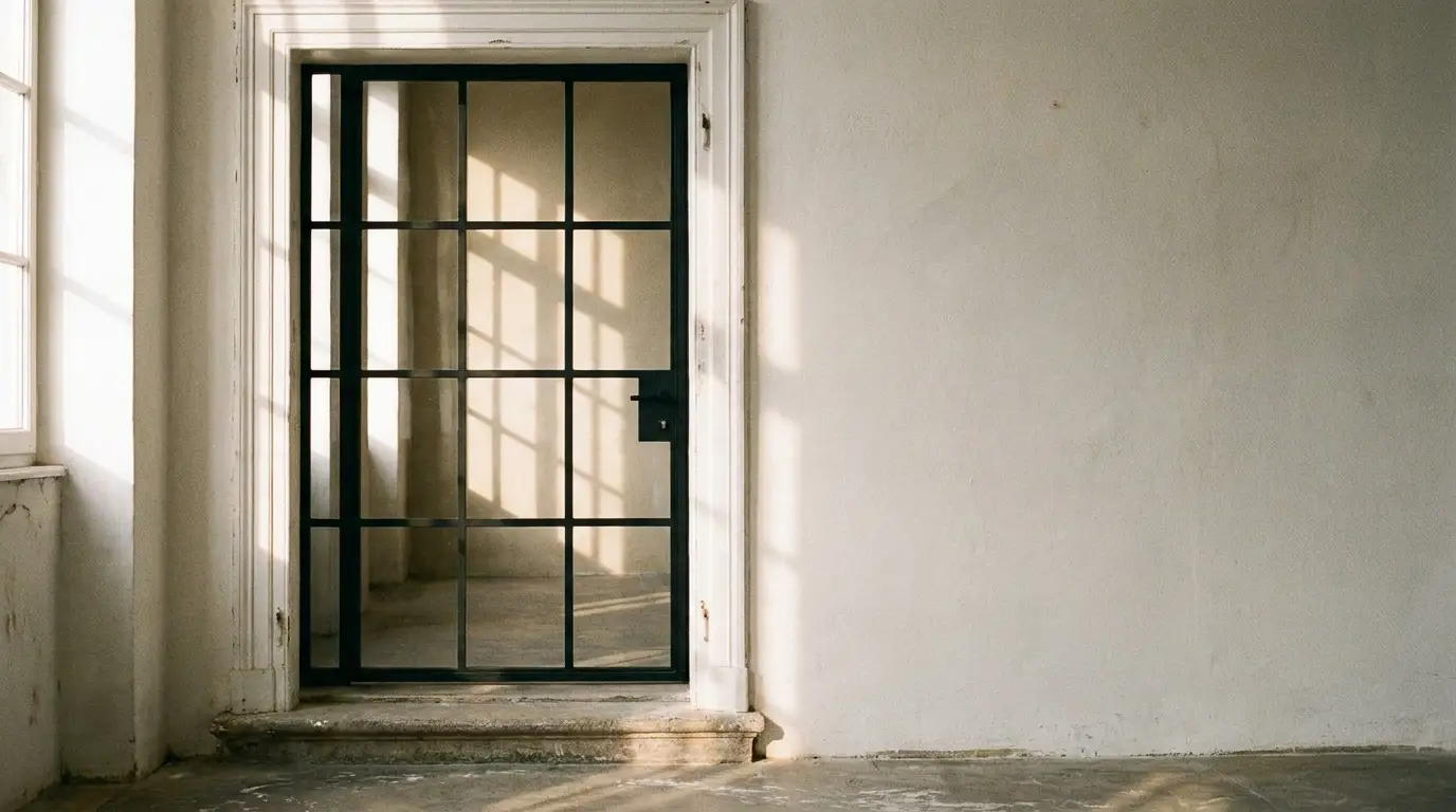 Black metal-framed glass door casting shadows in a sunlit minimalist room