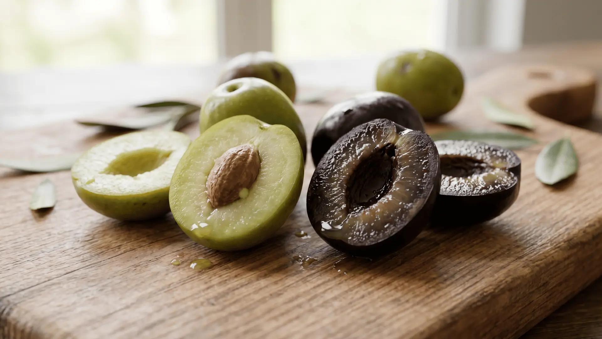 Cut green and black olives showing their flesh and pits on a wooden board.