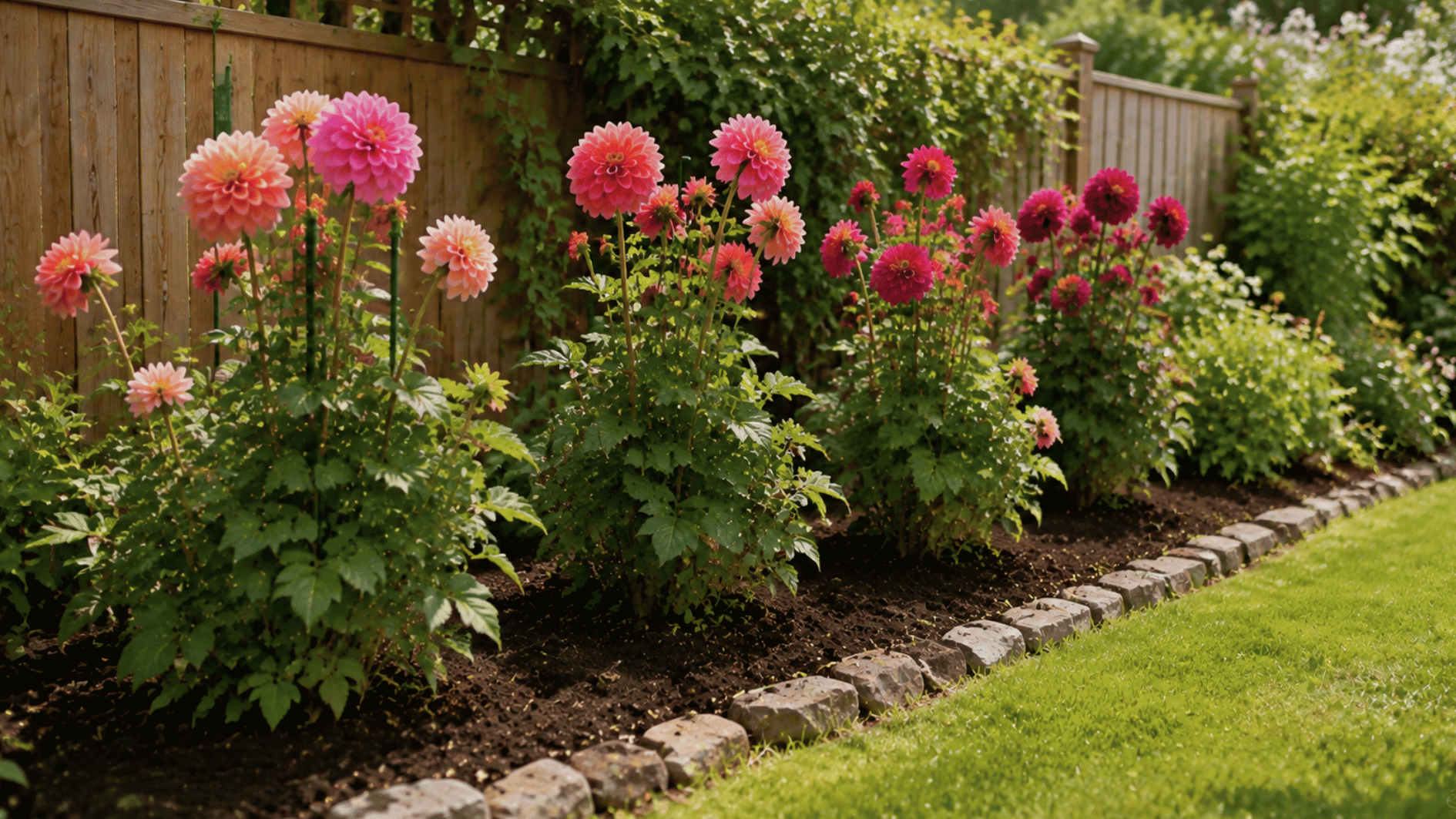 dahlias growing in a sunny garden bed with open spacing, rich soil, and a wooden fence for wind protection