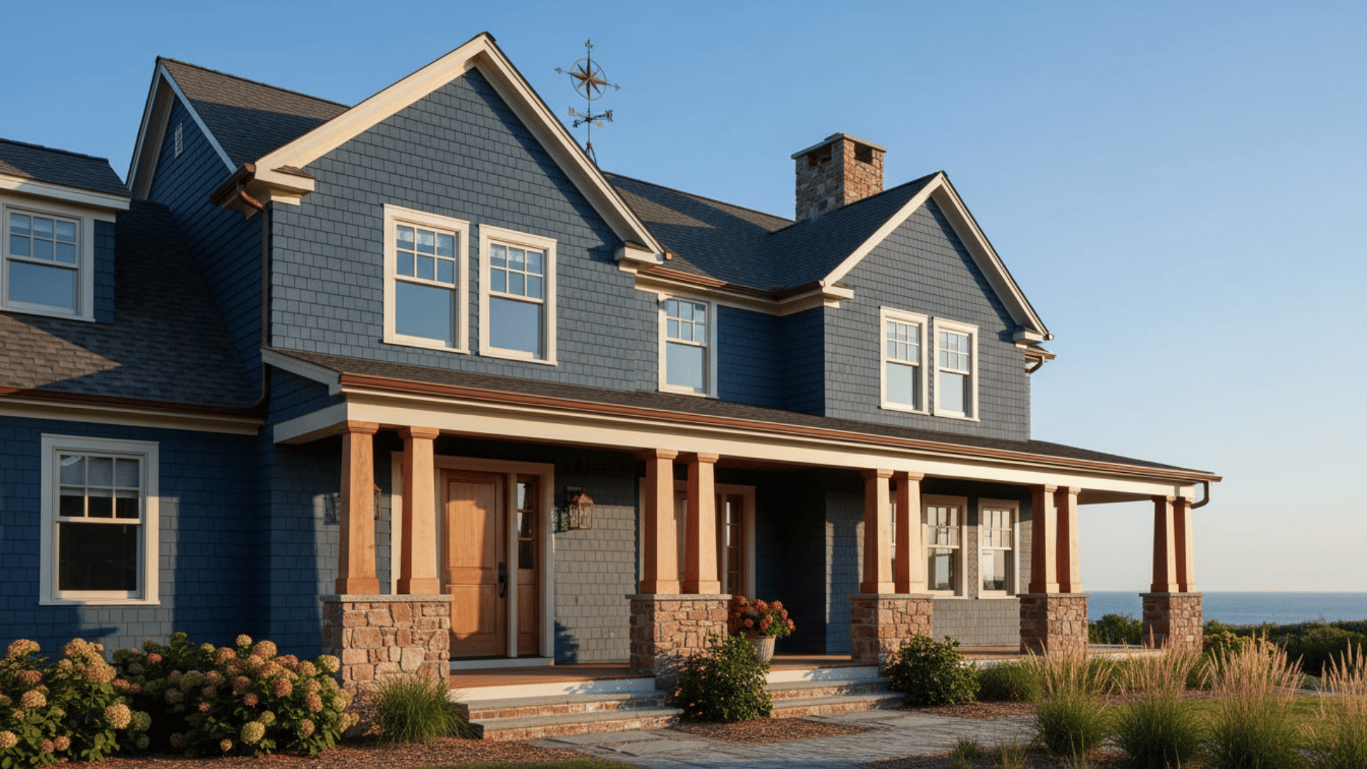 Dark blue gray house exterior with warm wood accents, brick details, and bronze finishes.