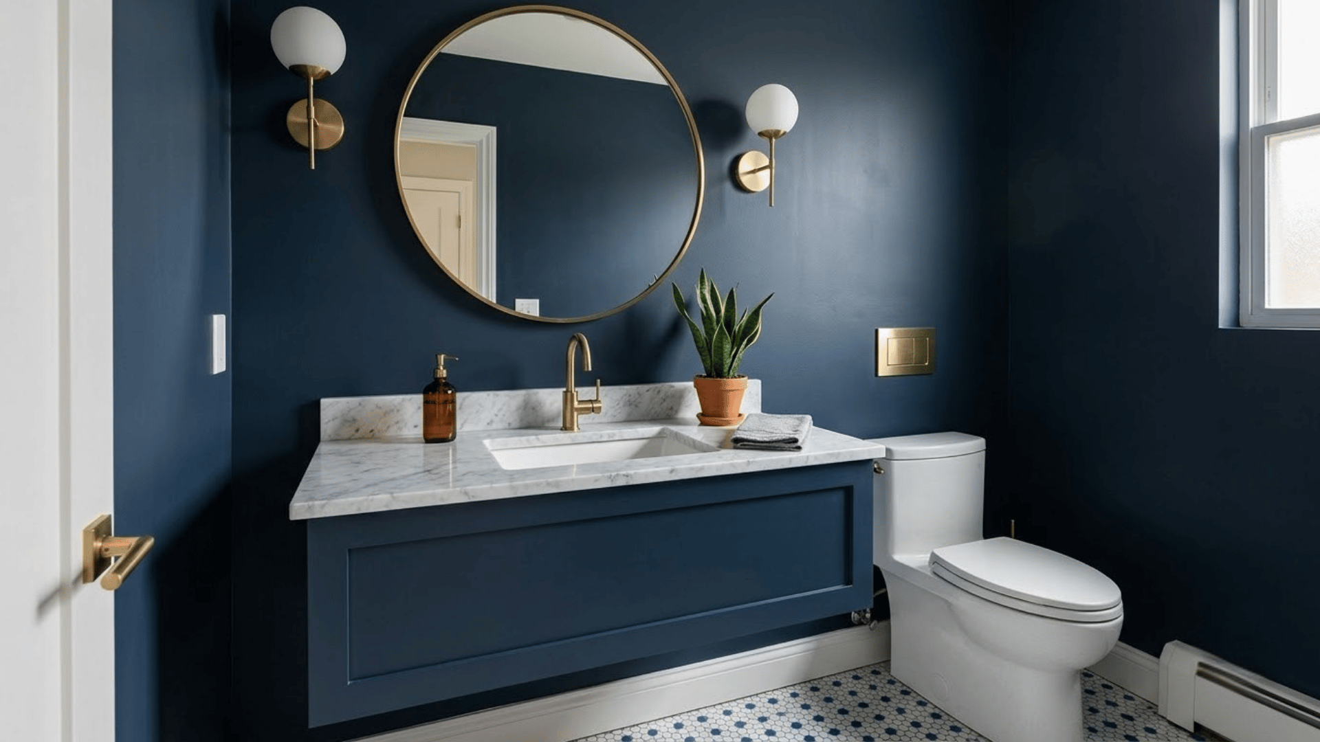 Dark blue powder room with sink, mirror, and bathroom fixtures