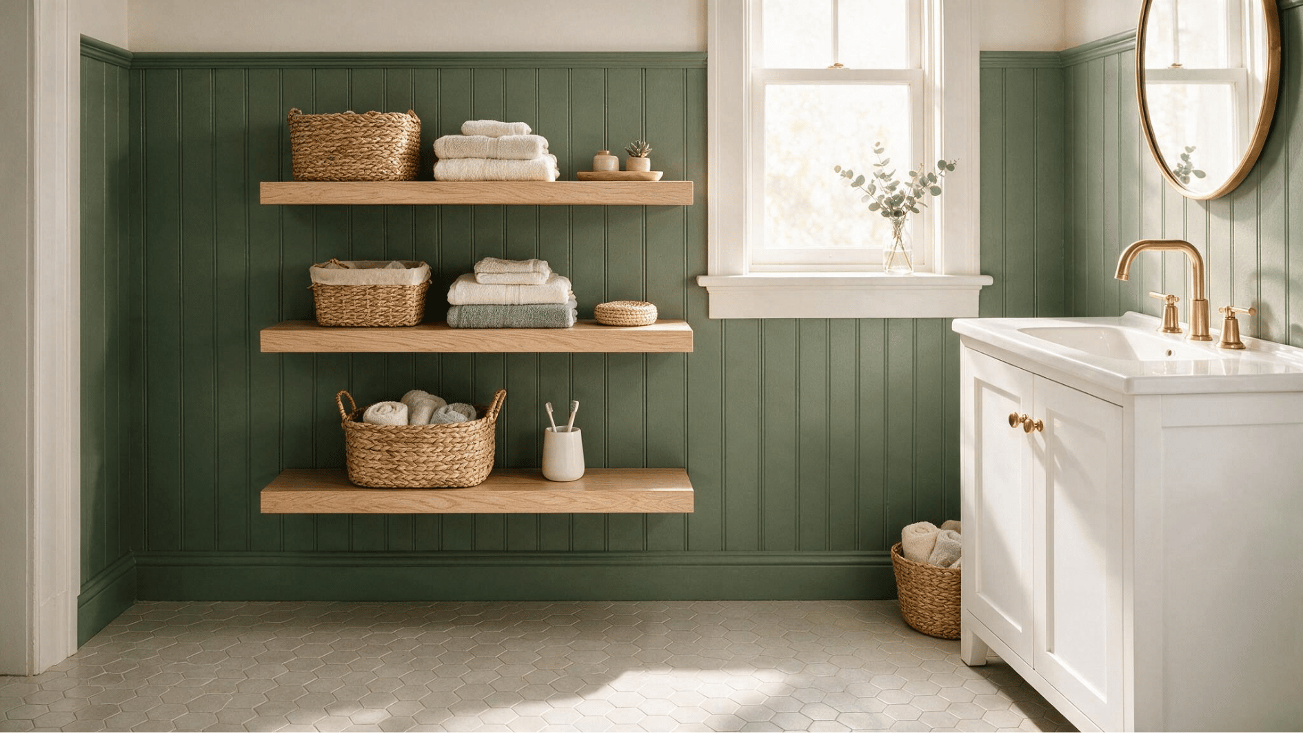 dark green beadboard wall with floating wood shelves woven baskets white vanity and warm natural window light