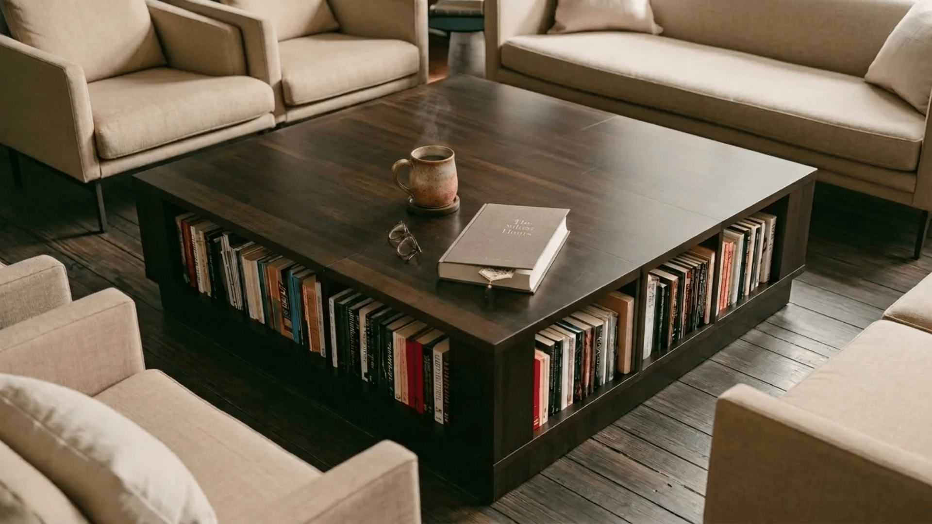 Dark wood coffee table with shelf books, a mug, eyeglasses, and a book, surrounded by beige sofas and chairs