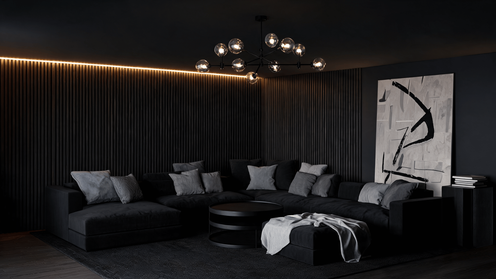 Moody living room with dark wood slat feature walls, a black sectional sofa, and LED strip lighting.
