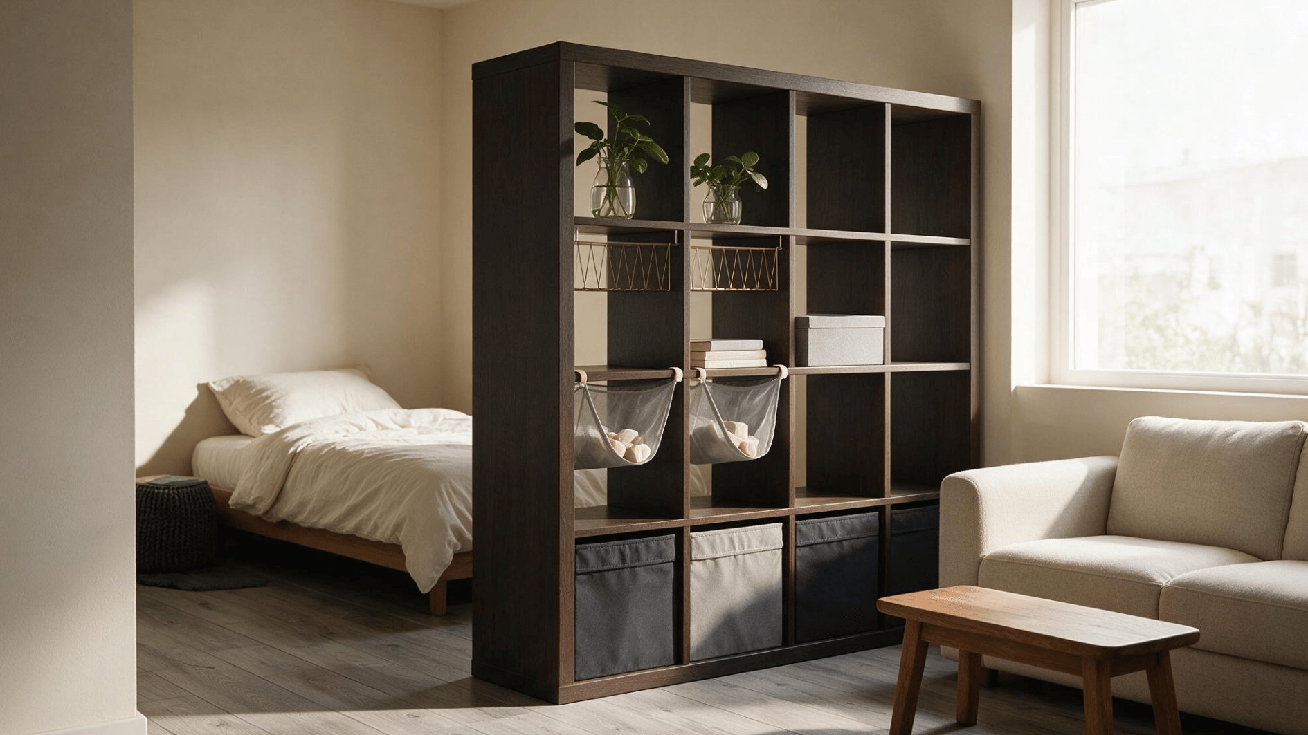 dark wood shelving divides a bright studio with a bed sofa storage bins books plants and a low table near sofa