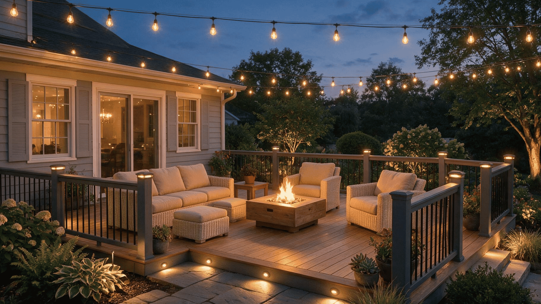 deck combining string lights recessed lights railing lights and landscape lighting