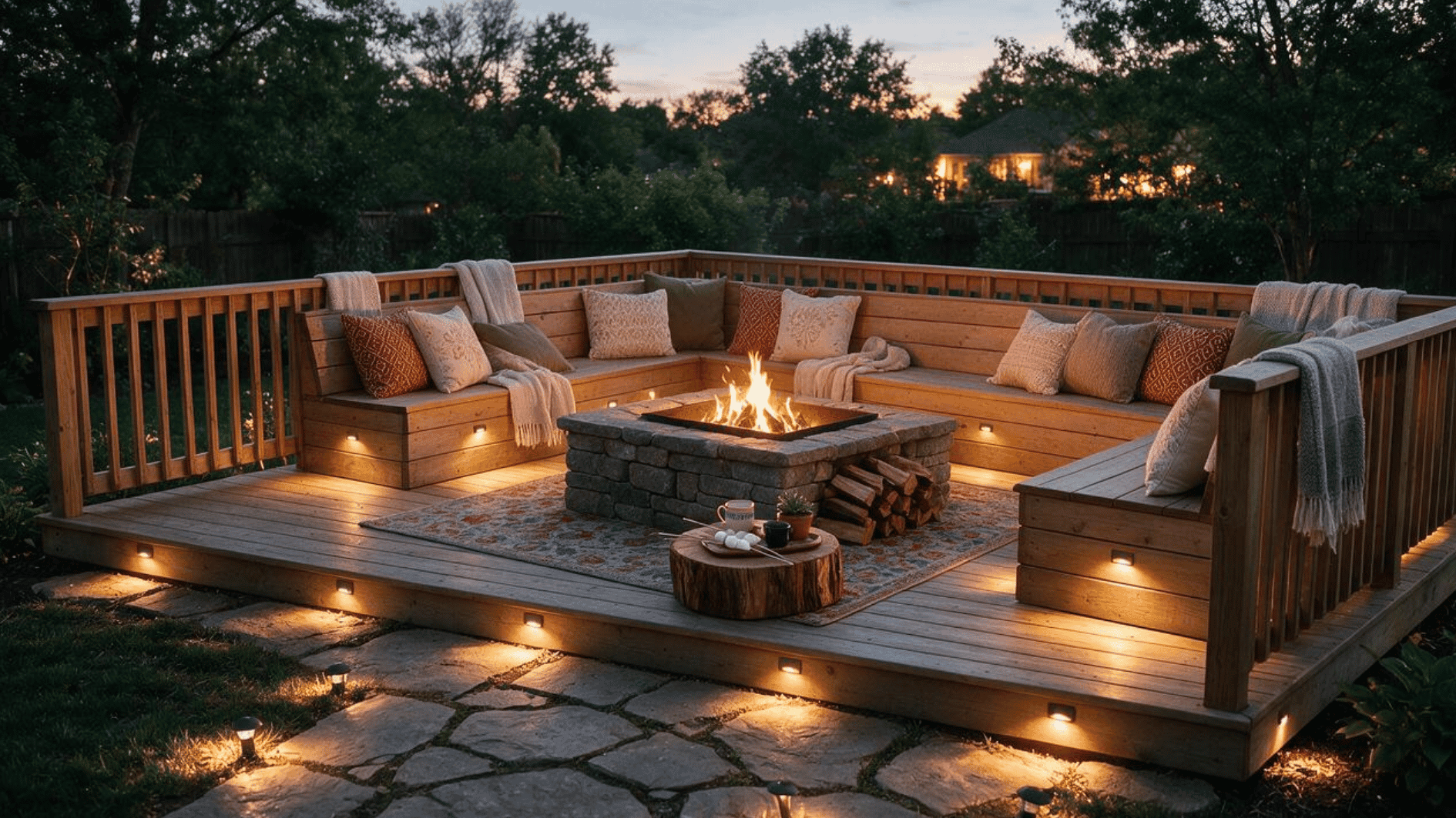deck fire pit area with warm lighting around outdoor seating at night