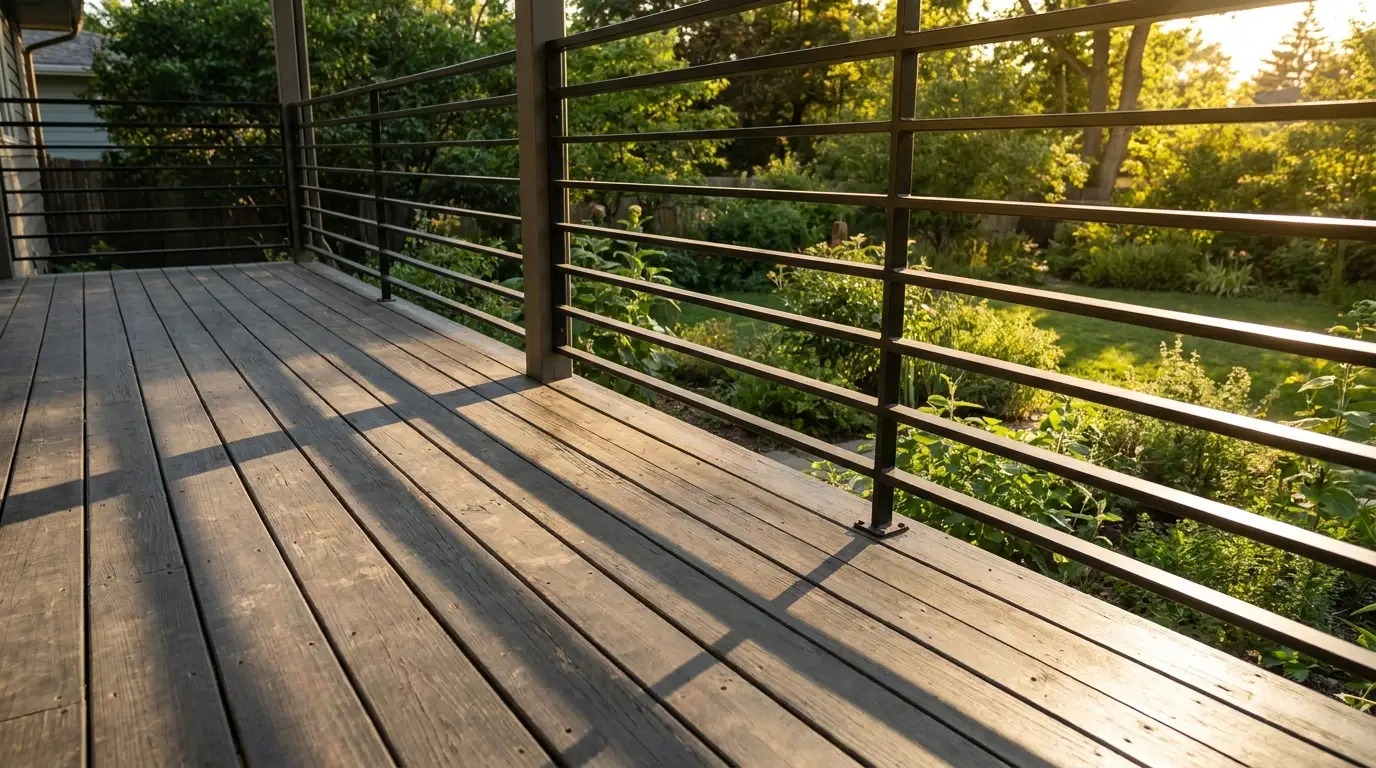 Wooden deck with metal railings overlooking a lush garden in warm evening light