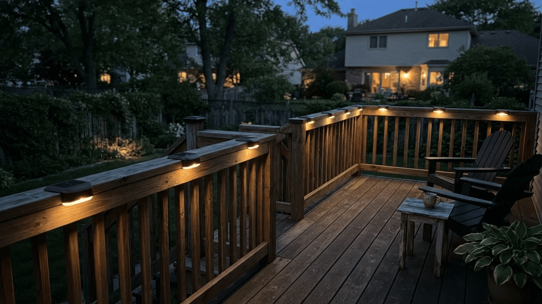 deck railing with evenly spaced solar lights glowing in the evening (1)