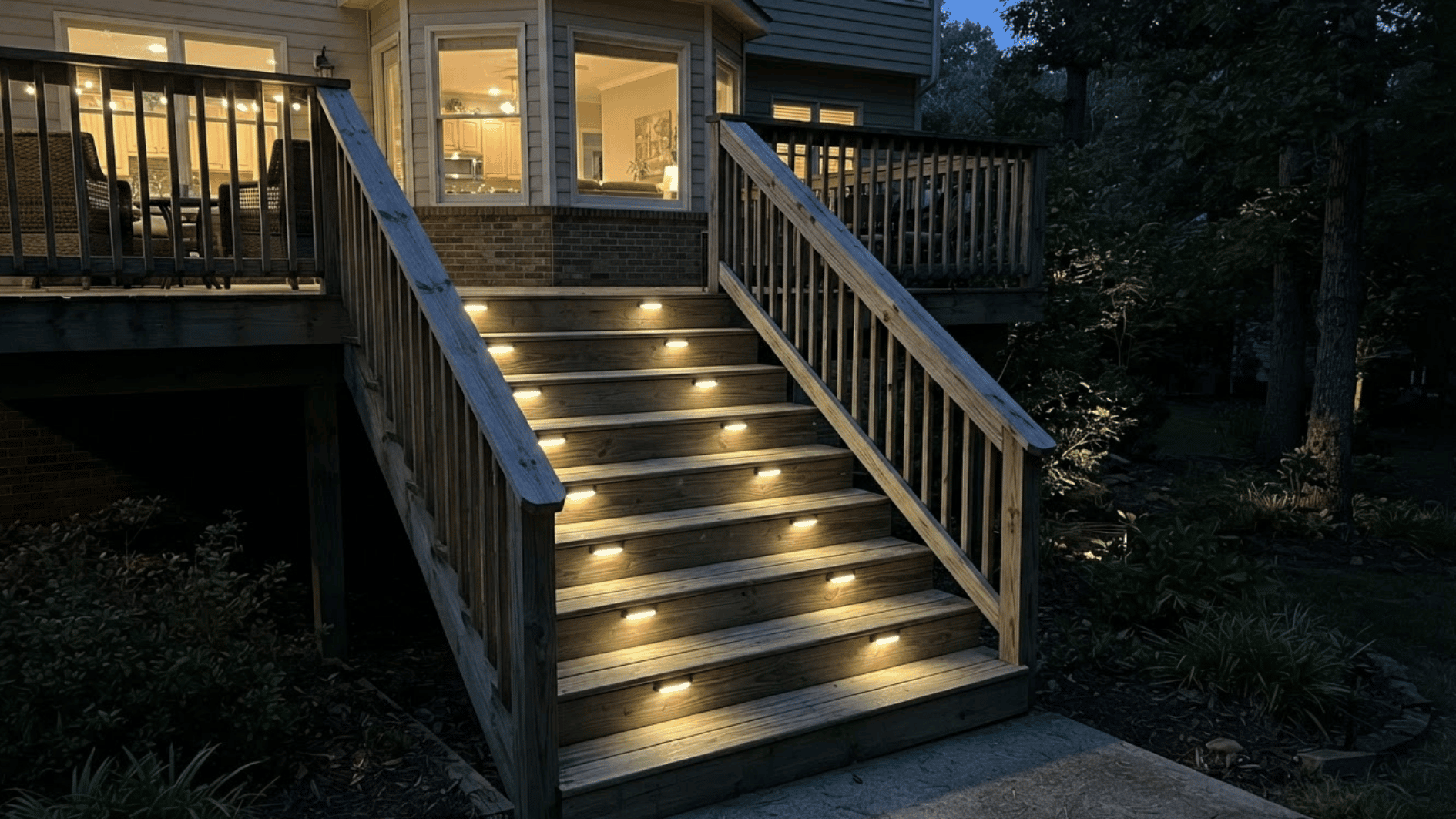 deck stairs with evenly spaced downward facing safety lights at night