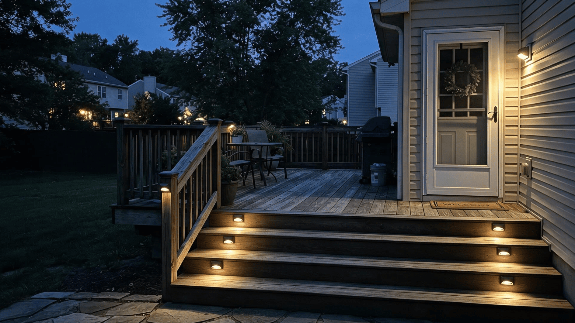 deck steps with evenly placed motion sensor lights near an entrance