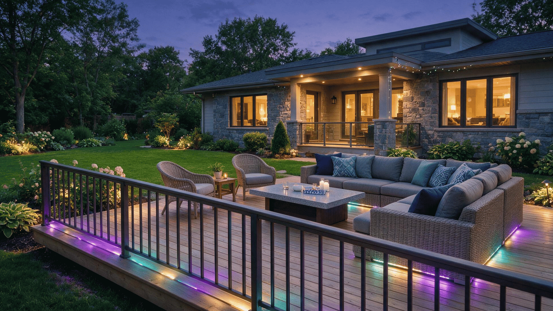 deck with color changing led accent lights around seating and railings