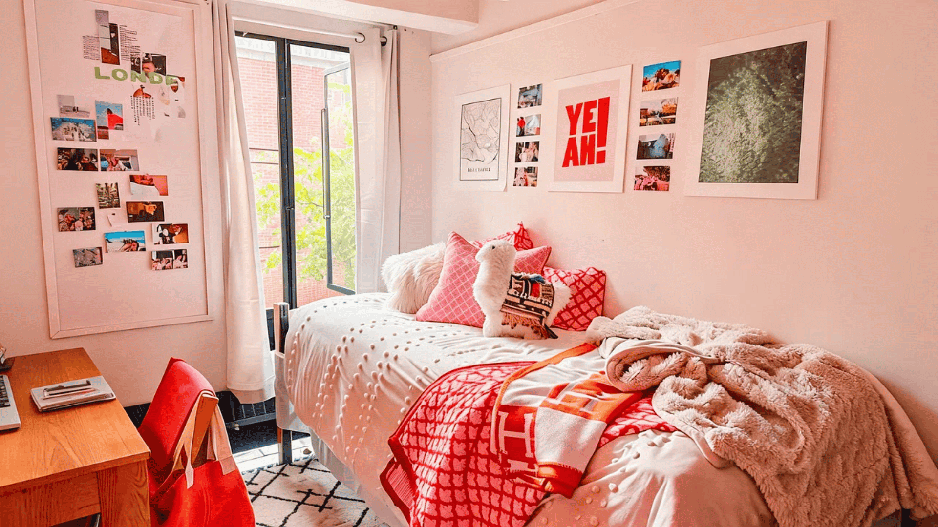 Preppy dorm room with coordinated bedding, monogram accents, and matching accessories.
