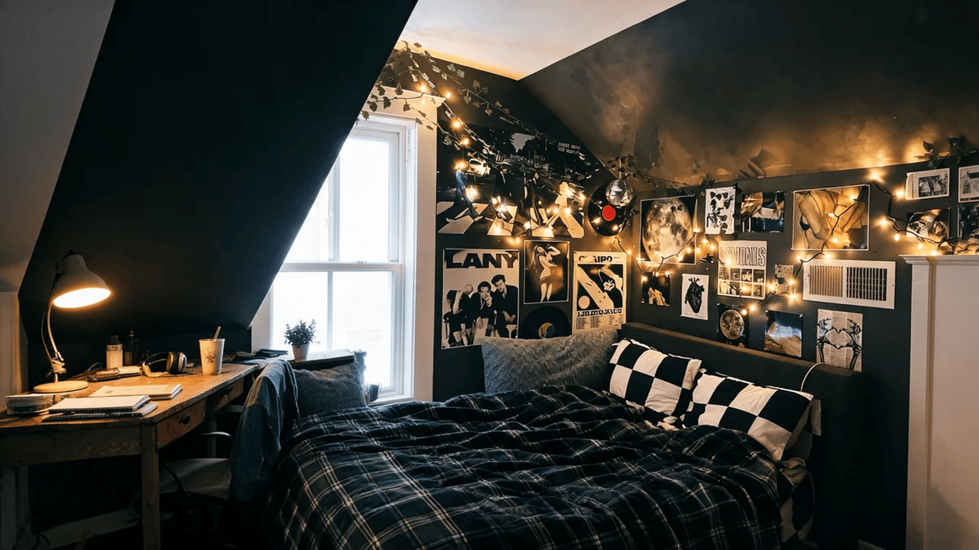 Grunge dorm room with dark decor, plaid bedding, denim textures, music posters, and mismatched furniture.