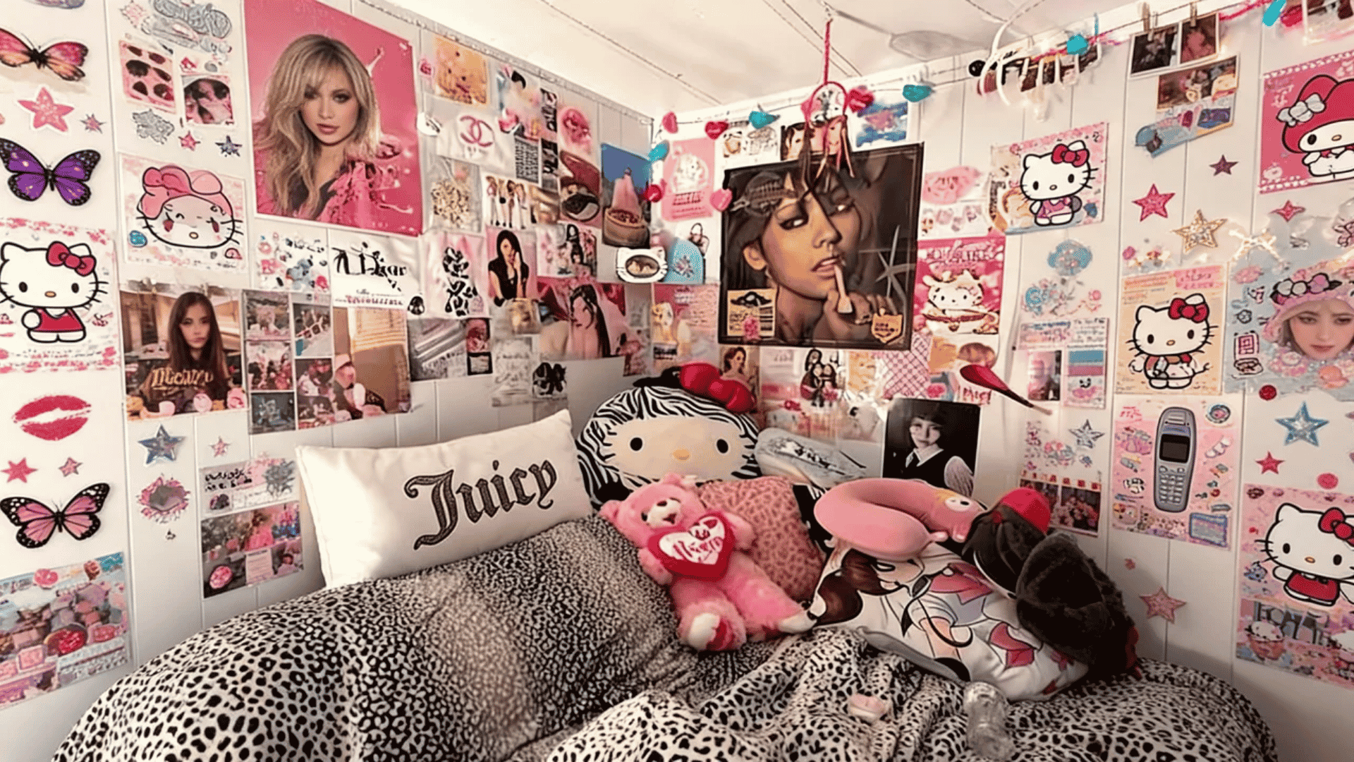Y2K dorm room with bright bedding, glossy accents, colorful decor, and playful early-2000s accessories.