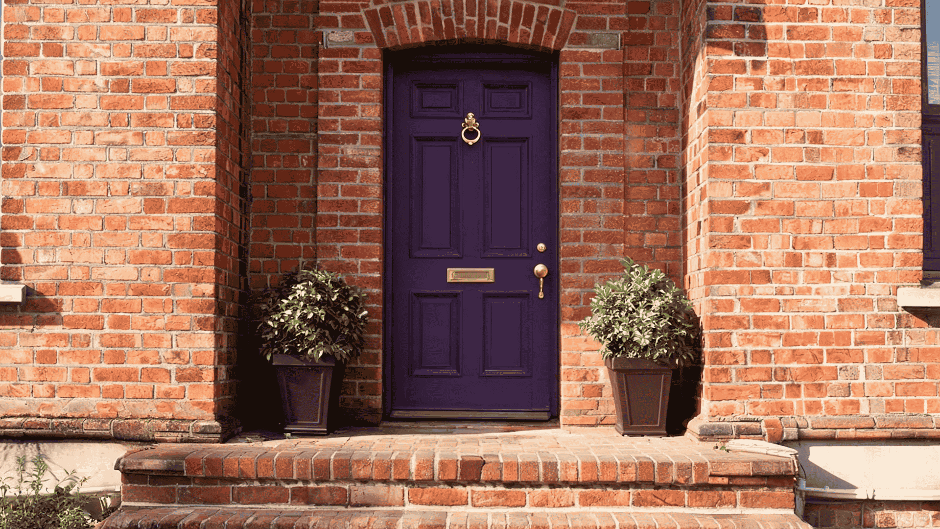 Deep purple front door on a traditional brick home exterior with planters and brass accents.