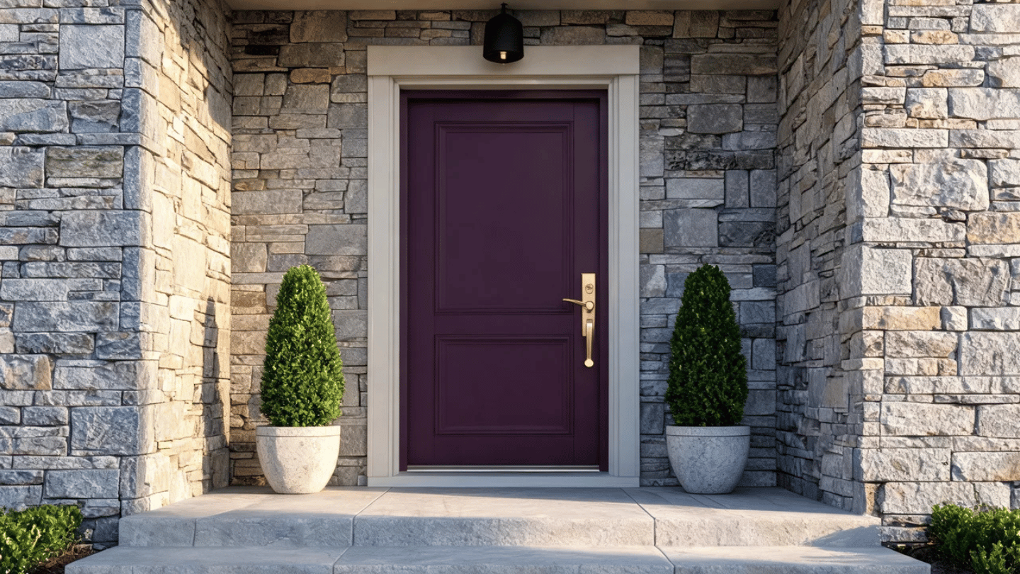 Deep purple front door with gray stone exterior and simple porch details