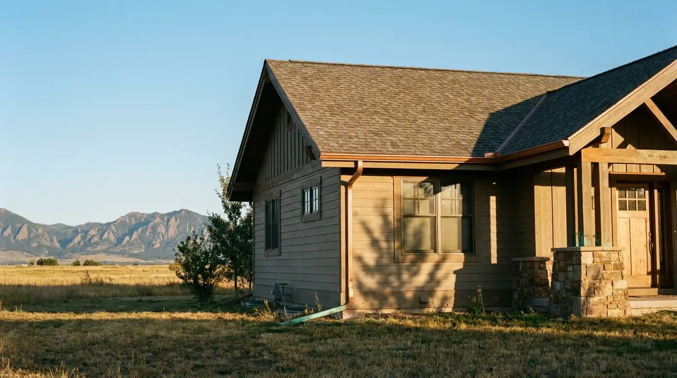 Wooden house with gabled roof in rural landscape, mountains in the background under clear sky