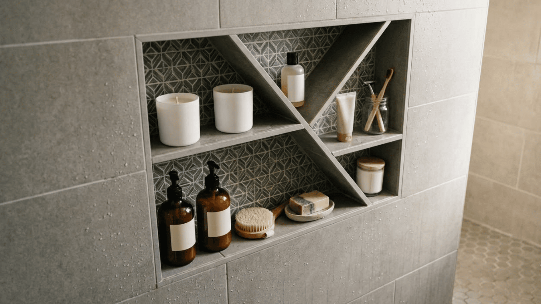 diagonal shelf shower niche with toiletries and candles inside a modern open tiled shower wall