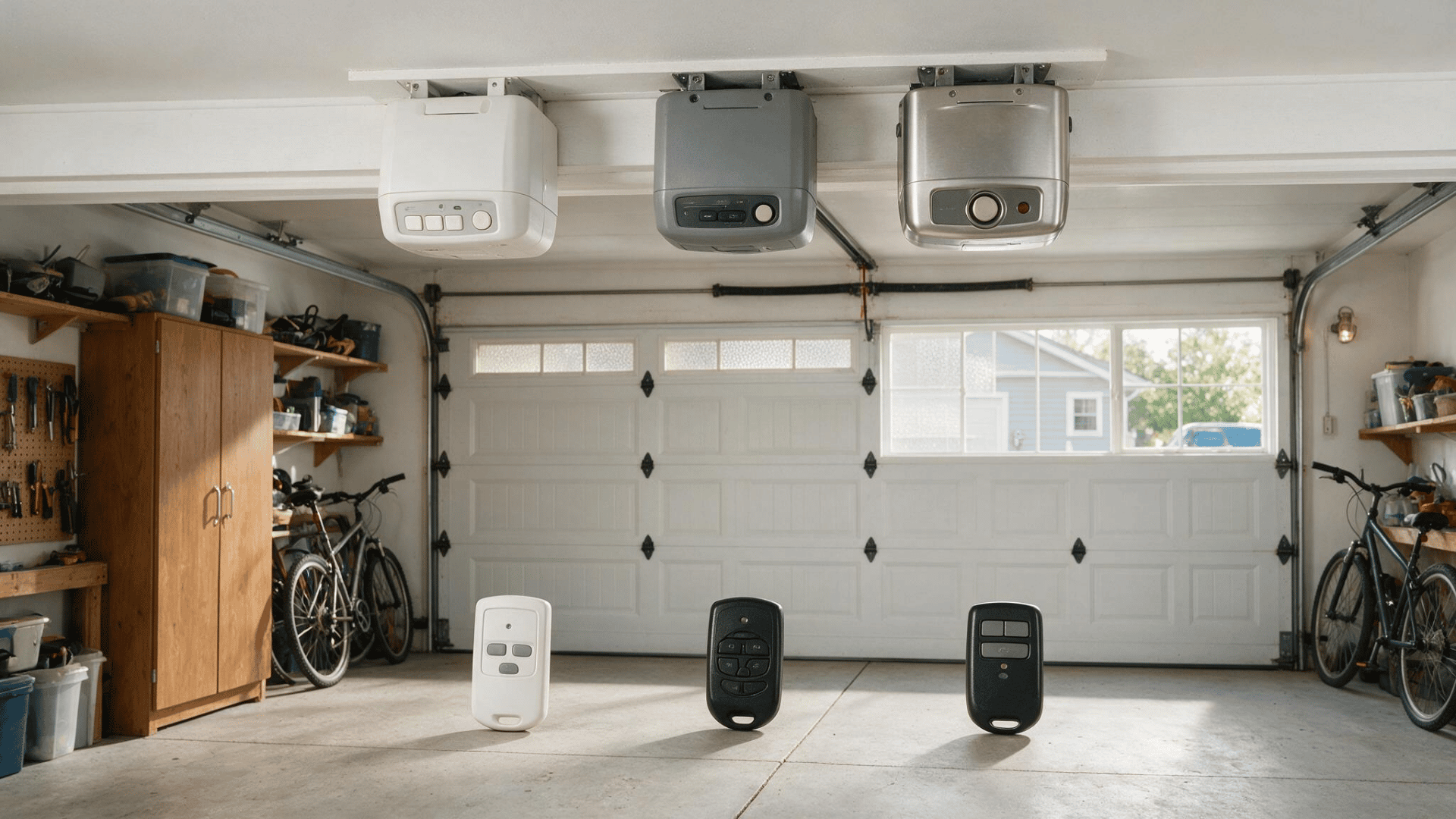Different garage door opener motor units and remote controls showing how to program a garage door opener by brand