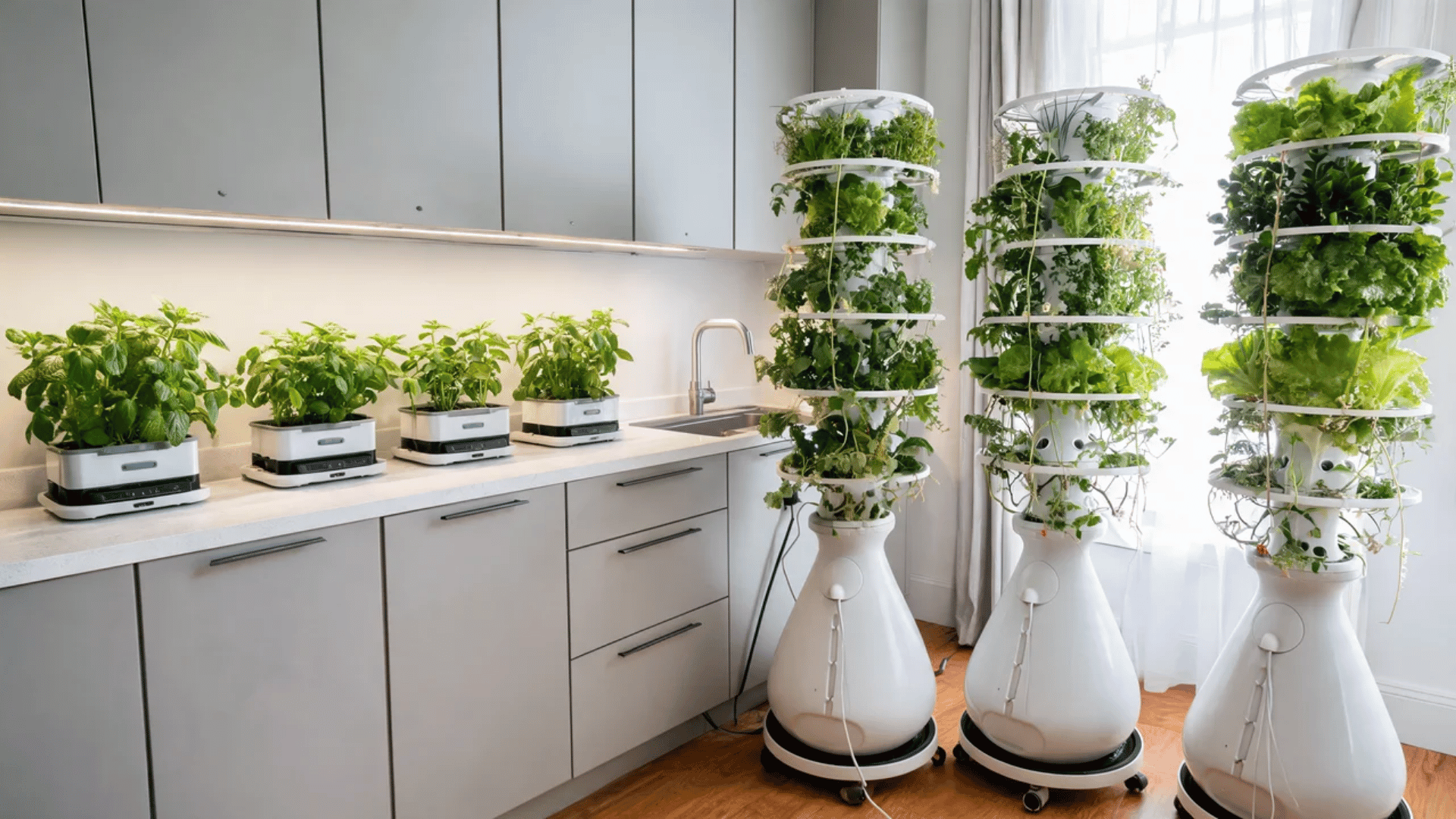 Best hydroponic indoor garden system growing herbs, leafy greens, and vegetables in a modern kitchen setup.