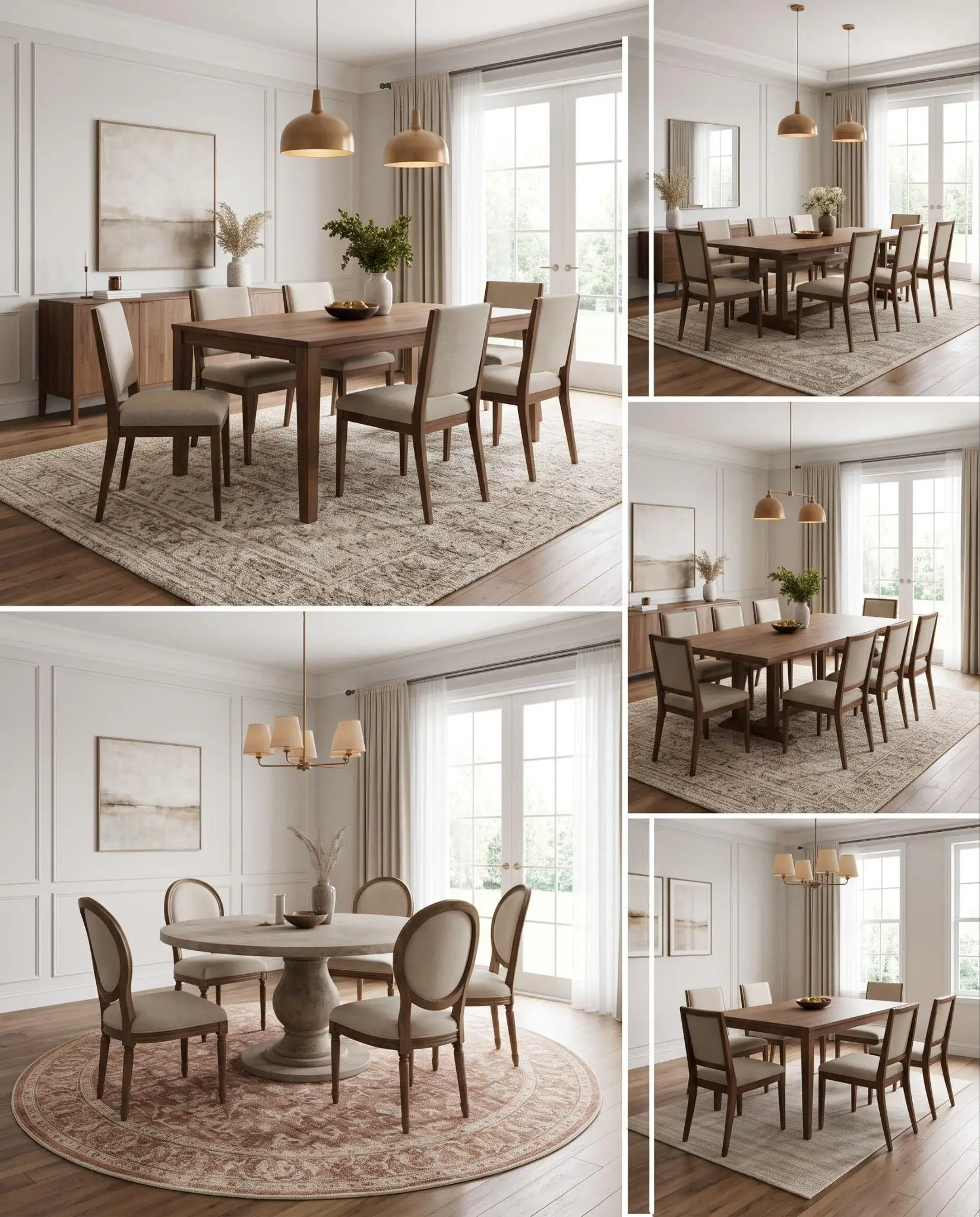 Dining tables with wooden chairs in elegant, bright room featuring large windows and light fixtures
